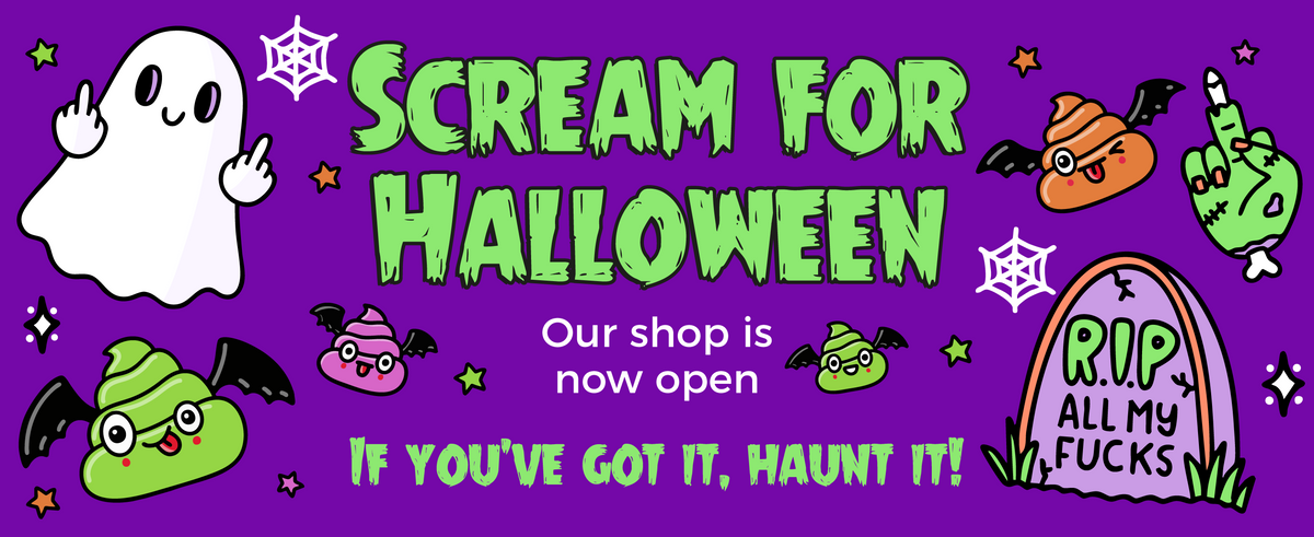 A Halloween-themed promotional graphic with the text 'SCREAM FOR HALLOWEEN' and 'Our shop is now open' on a purple background, surrounded by cartoon ghosts, bats, a tombstone reading 'RIP ALL MY FUCKS,' and other spooky illustrations.
