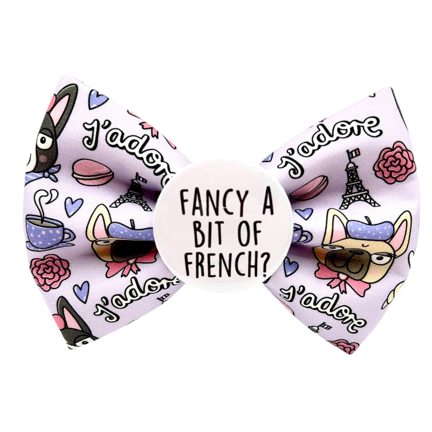 French Bulldog themed dog bow tie. Purple bow, with France decoration.