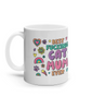 Cat themed mug. White mug. 10oz. Colourful. Has rainbows, flowers, hearts and paws prints all over it. Has slogan "Best Fu*king Cat Mum Ever" in large print on both sides of the mug