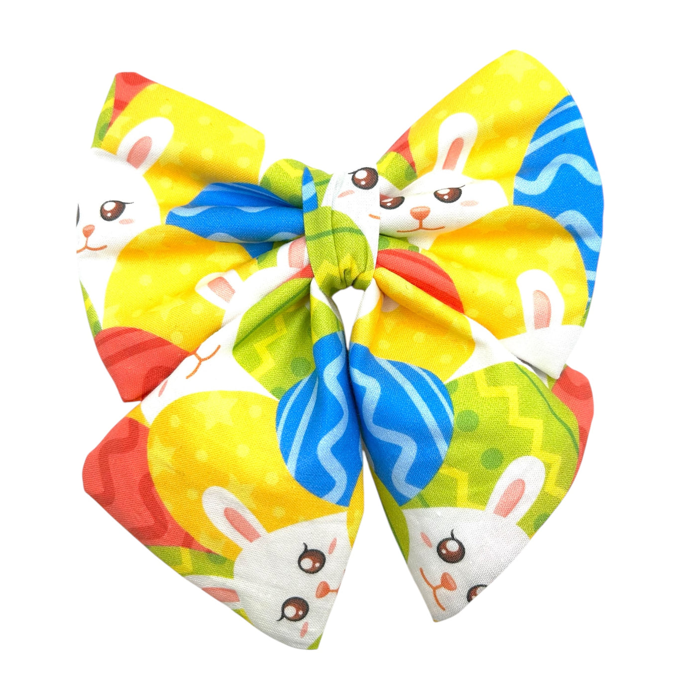 Easter Sailor Bow. Bright colours. Easter egg pattern with yellow, blue and red eggs. Rabbits also on the bow. a