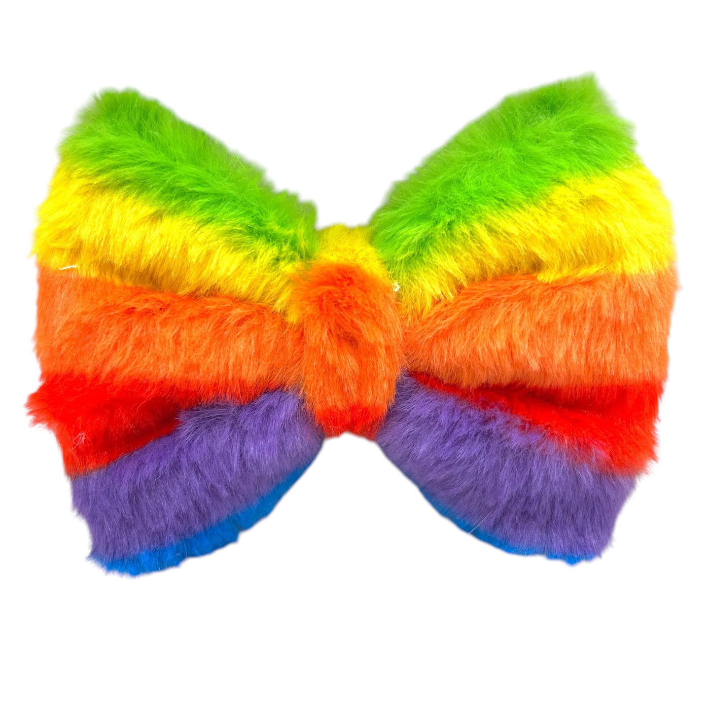 Gay Pride themed pet bow tie. Rainbow stripe colour. Bow is fluffy. 