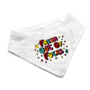 A white triangular dog bandana style pet collar with white snap buttons and a colourful graphic that reads 'Fresh Out Of Fucks' surrounded by small stars, shown on a plain white background.
