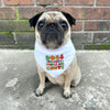 A fawn pug dog wearing a white bandana with the text 'DOGS BECAUSE PEOPLE ARE CUNTS' in colourful letters, sitting on concrete in front of a brick wall.