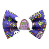 A purple fabric dog bow tie featuring a Halloween themed print with tombstones reading 'RIP ALL MY FUCKS', green cartoon fingers, ghosts, stars, and the words 'LITTLE FUCKER' in yellow, on a white background.