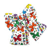 Colorful birthday-themed fabric with balloons and text on a white background. sailor bow for dogs