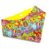 Colourful dog bandana with party-themed design on a white background