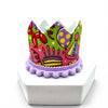 Colourful dog crown for birthday. Purple Pom Pom trim around the bottom. 